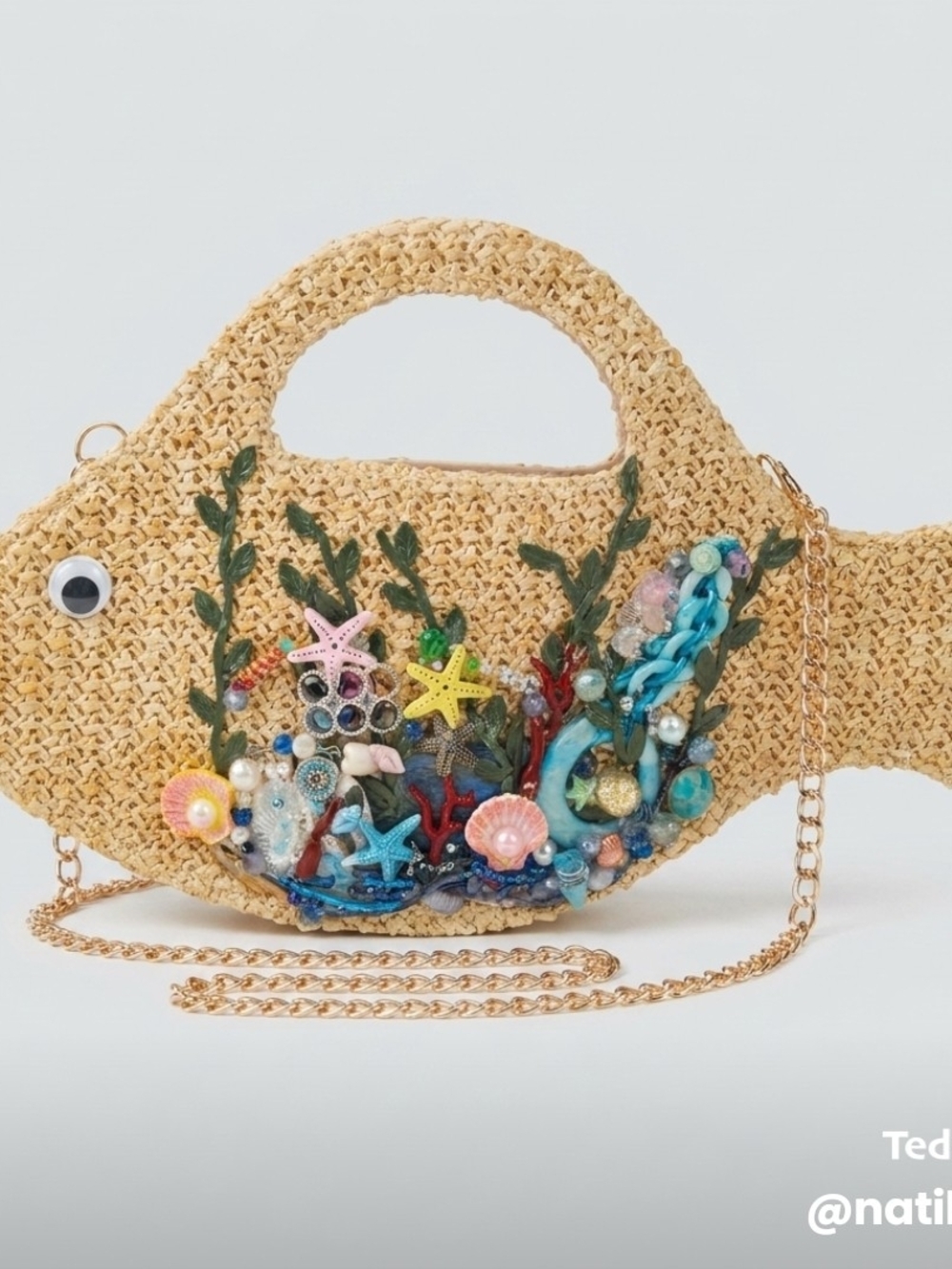 Handcrafted Straw Fish Crossbody Bag with Ocean Embellishments - Natural
